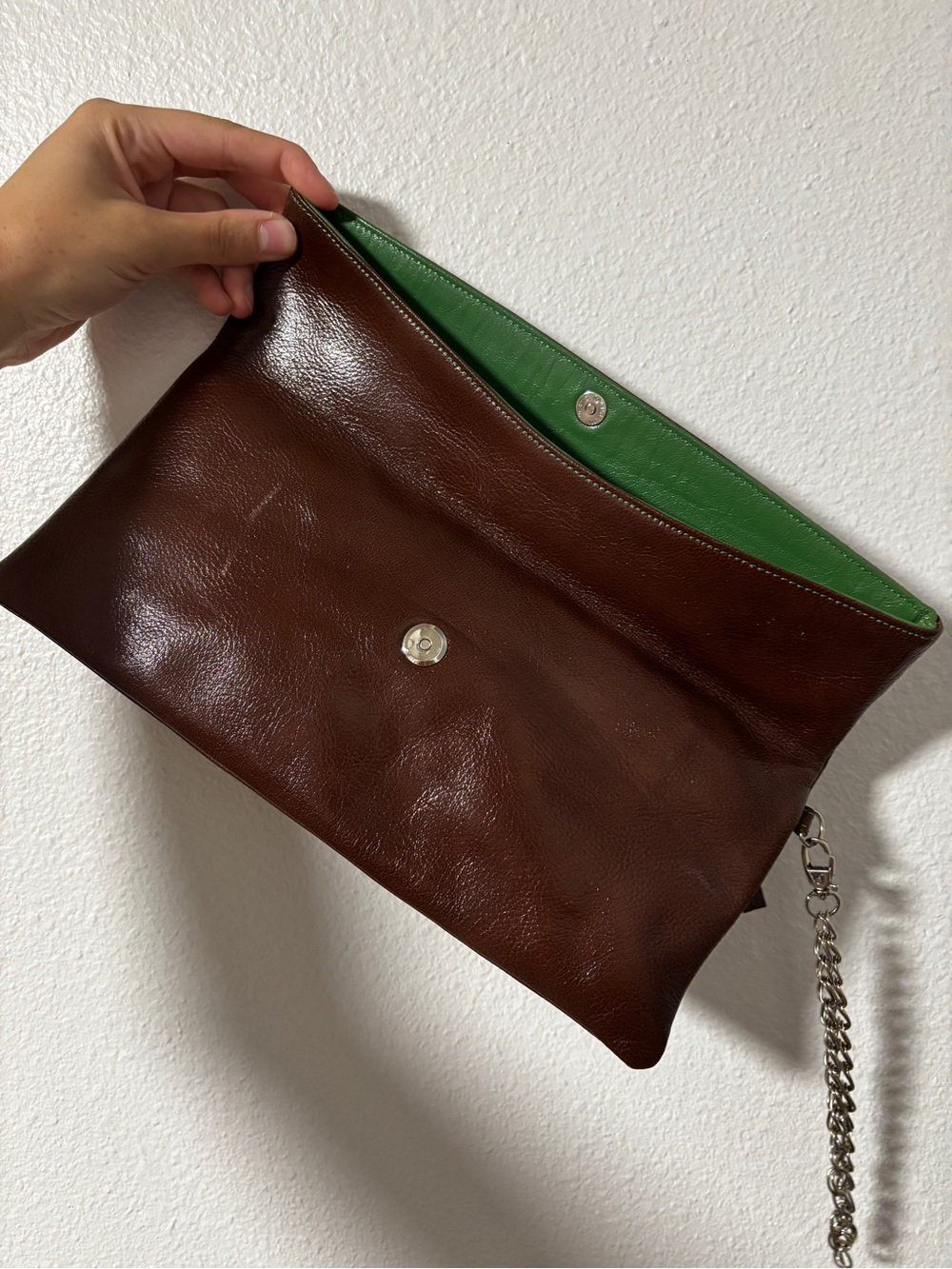 Tusk brown pleated leather fold over clutch with silver chain
